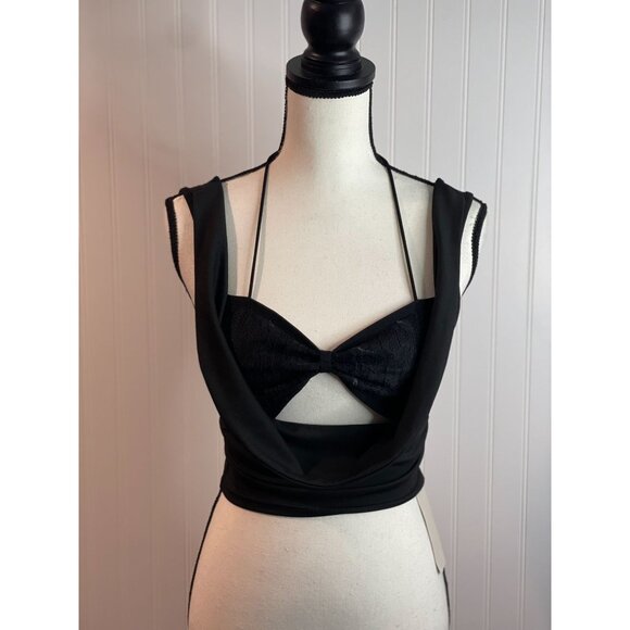 Musera Black Sleeveless Halter Crop Top With Bow Detail & Open Front Size M - Picture 5 of 12